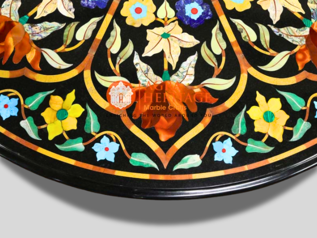 Black Round Marble Coffee Table Top Inlay Multi Floral Decor